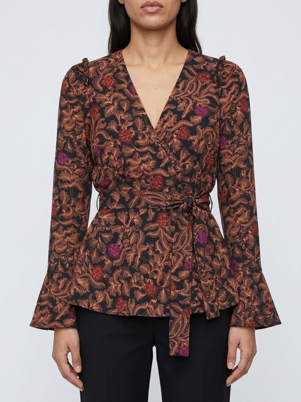 Proenza Schouler Baroque Floral Wrap Blouse Tie Waist Bell Sleeve 6